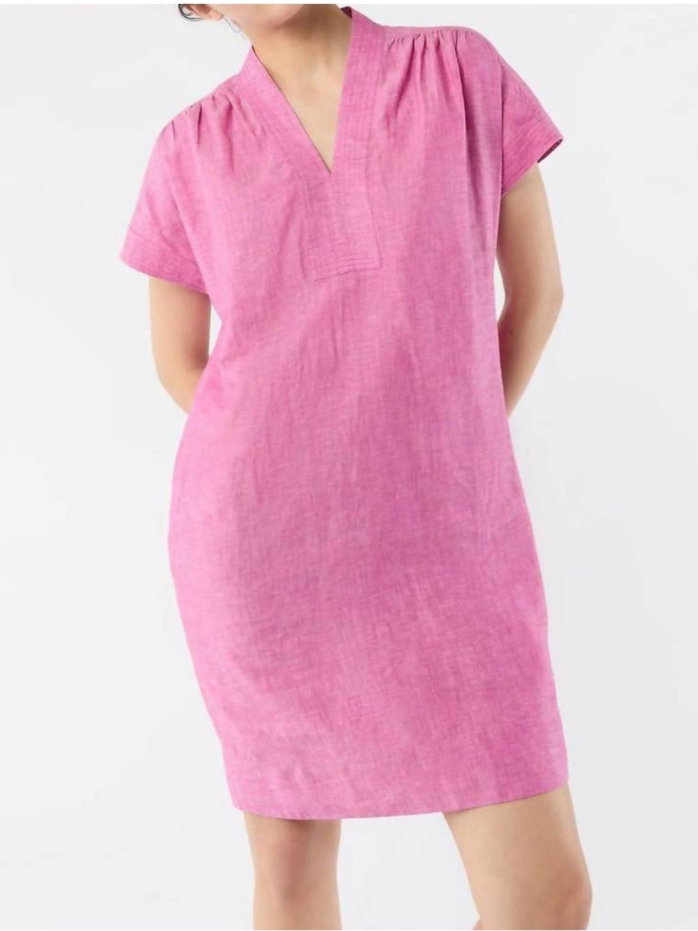 ANN MASHBURN Pink Textured V-Neck Linen Libby Shift Dress